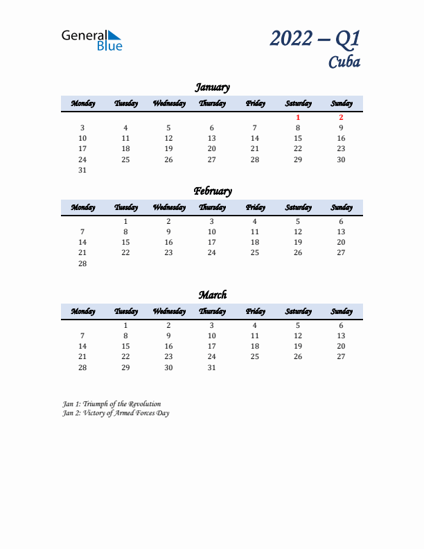 January, February, and March Calendar for Cuba with Monday Start