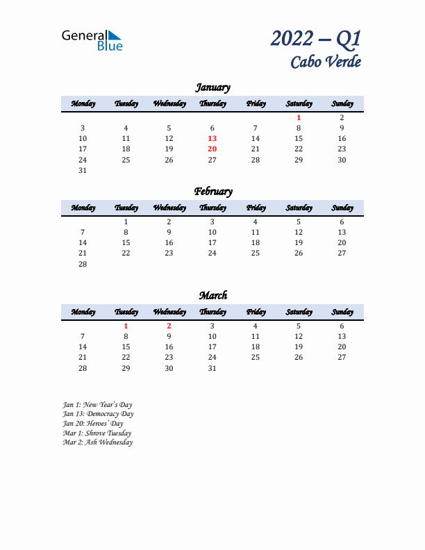 January, February, and March Calendar for Cabo Verde with Monday Start