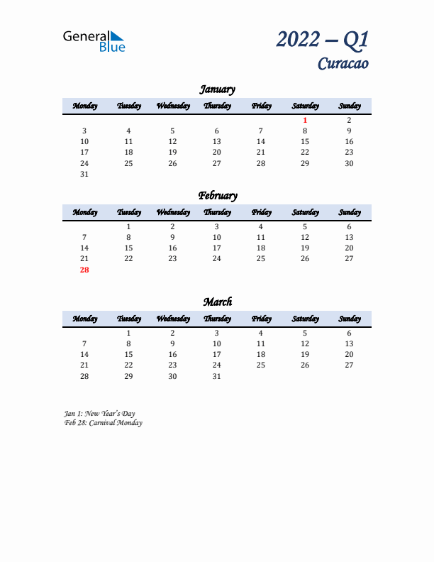 January, February, and March Calendar for Curacao with Monday Start