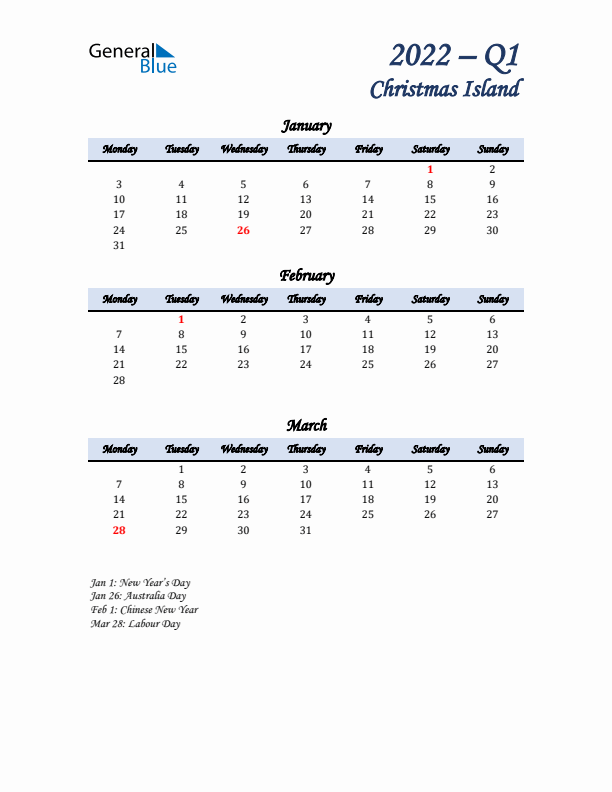 January, February, and March Calendar for Christmas Island with Monday Start