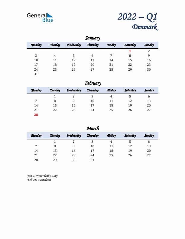 January, February, and March Calendar for Denmark with Monday Start