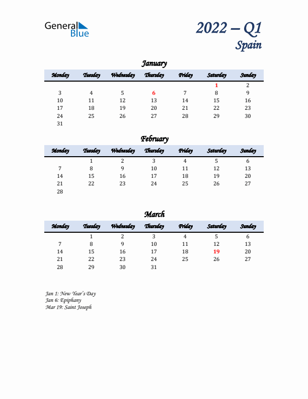 January, February, and March Calendar for Spain with Monday Start