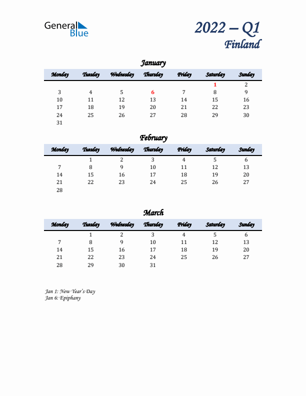 January, February, and March Calendar for Finland with Monday Start