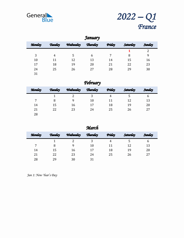 January, February, and March Calendar for France with Monday Start