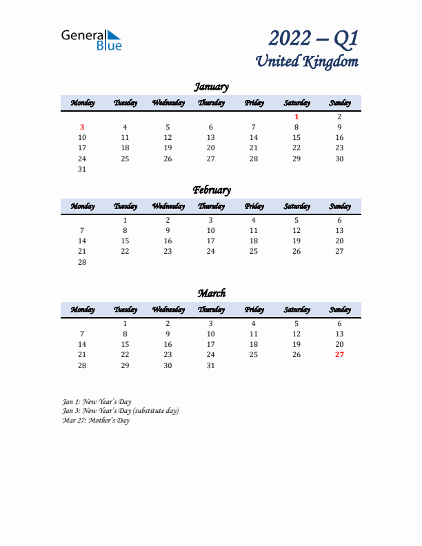 January, February, and March Calendar for United Kingdom with Monday Start