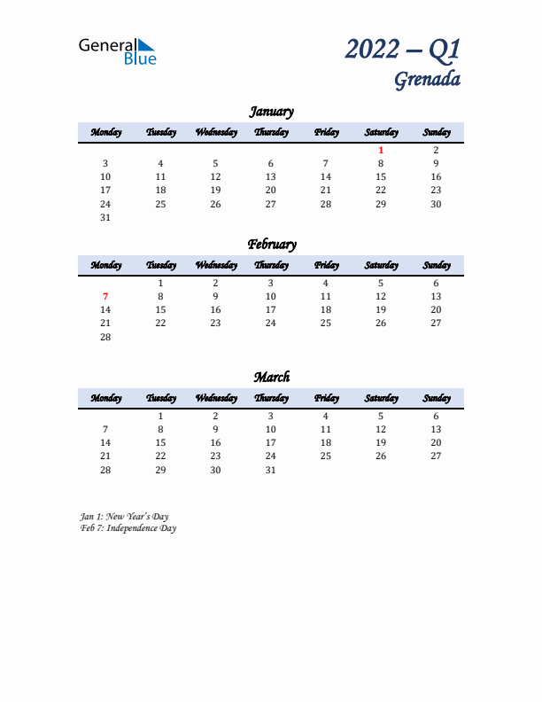 January, February, and March Calendar for Grenada with Monday Start