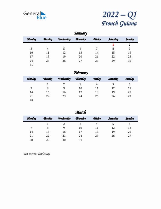 January, February, and March Calendar for French Guiana with Monday Start