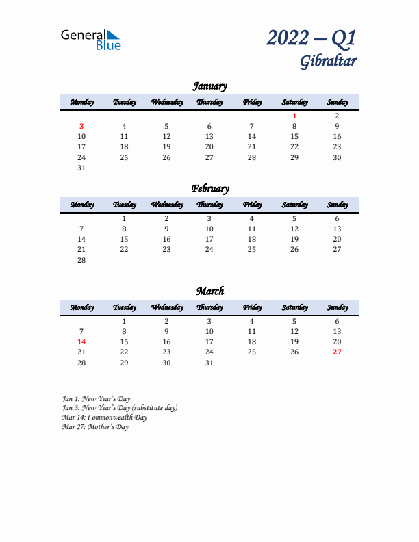 January, February, and March Calendar for Gibraltar with Monday Start