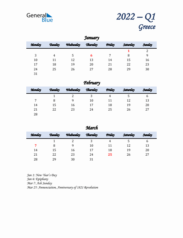 January, February, and March Calendar for Greece with Monday Start