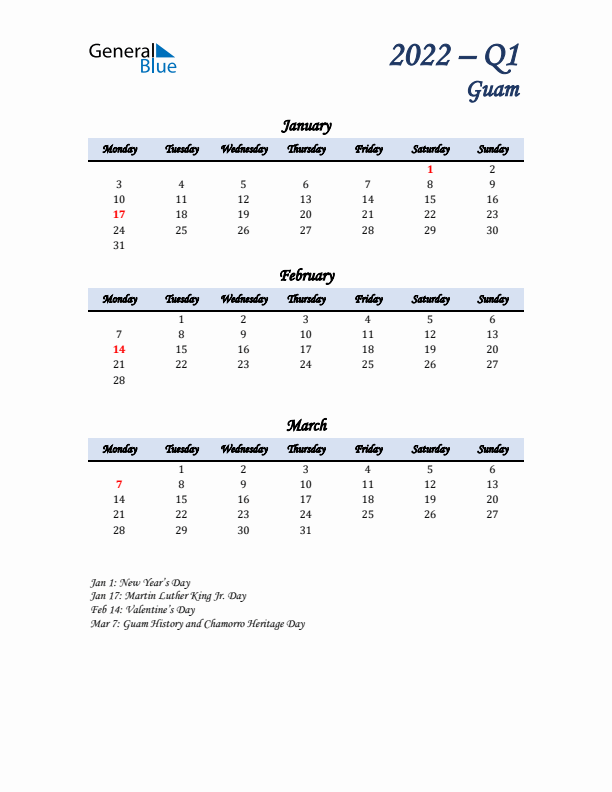 January, February, and March Calendar for Guam with Monday Start