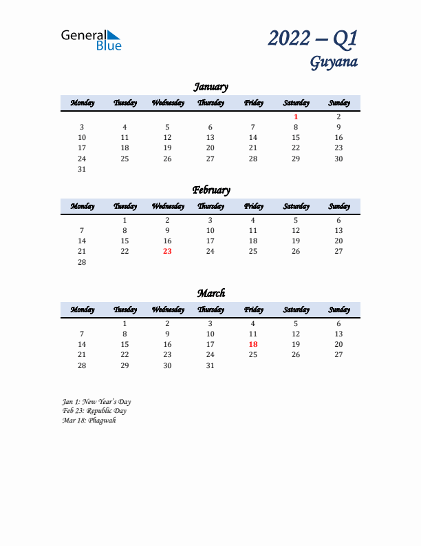 January, February, and March Calendar for Guyana with Monday Start