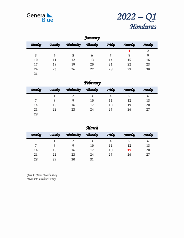 January, February, and March Calendar for Honduras with Monday Start