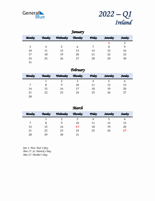 January, February, and March Calendar for Ireland with Monday Start