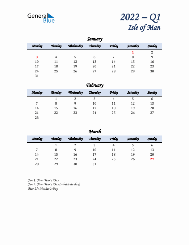 January, February, and March Calendar for Isle of Man with Monday Start