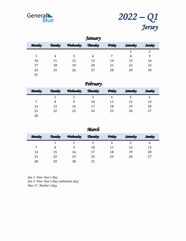 January, February, and March Calendar for Jersey with Monday Start