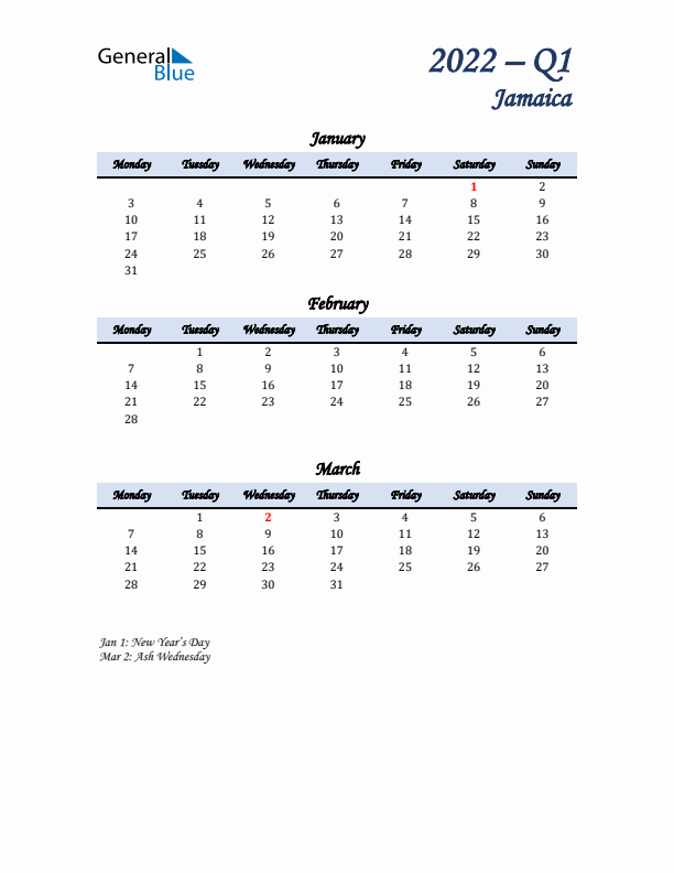 January, February, and March Calendar for Jamaica with Monday Start