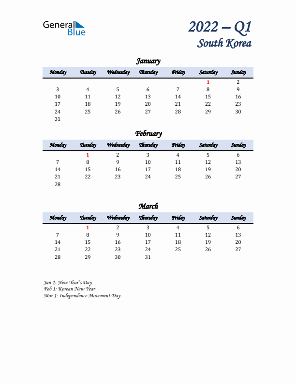 January, February, and March Calendar for South Korea with Monday Start