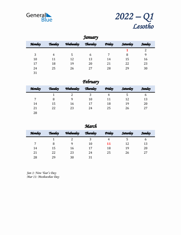 January, February, and March Calendar for Lesotho with Monday Start