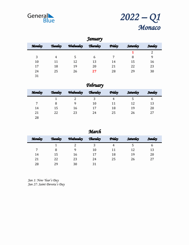 January, February, and March Calendar for Monaco with Monday Start