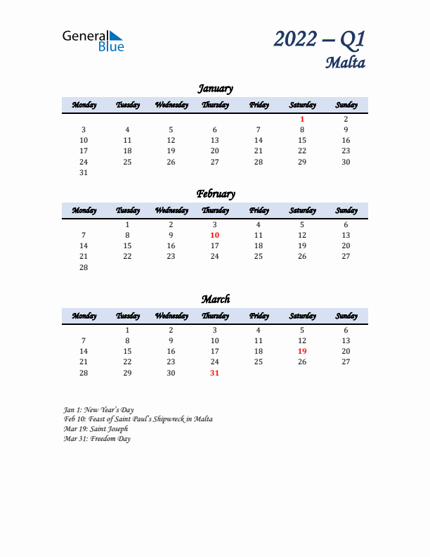 January, February, and March Calendar for Malta with Monday Start