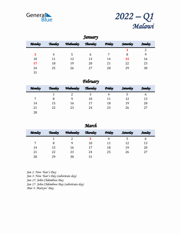 January, February, and March Calendar for Malawi with Monday Start