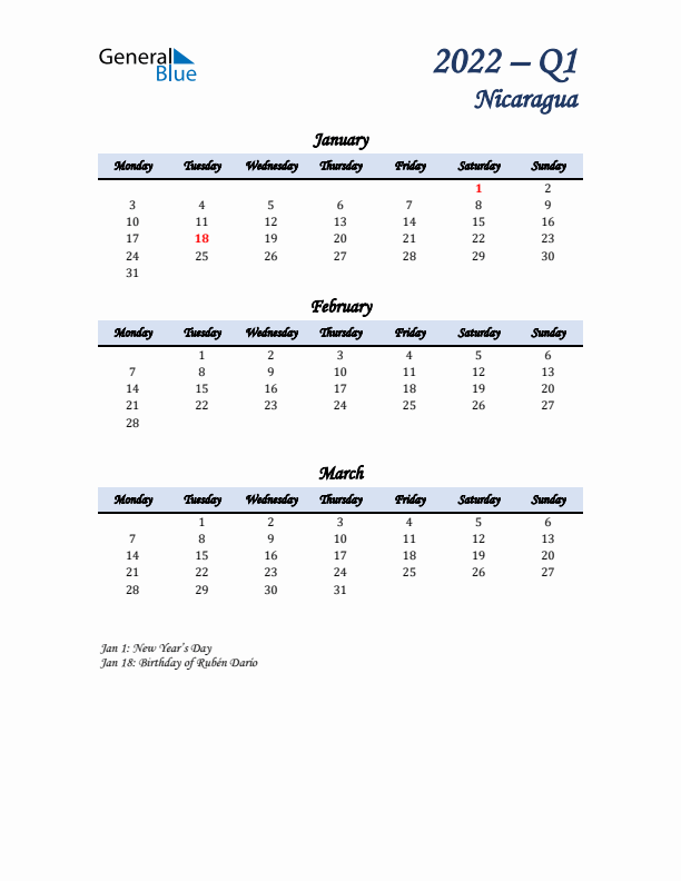 January, February, and March Calendar for Nicaragua with Monday Start