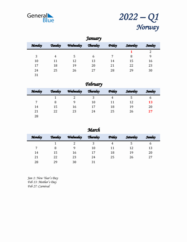 January, February, and March Calendar for Norway with Monday Start