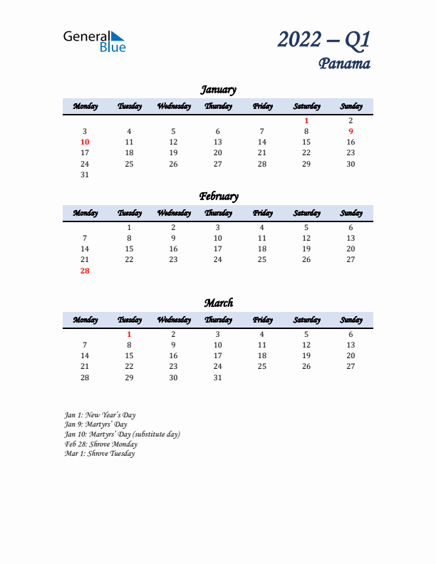 January, February, and March Calendar for Panama with Monday Start