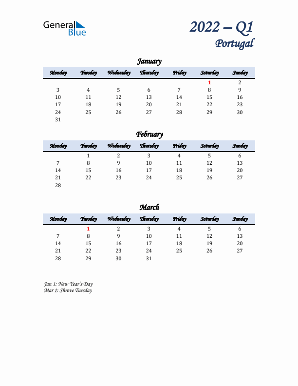 January, February, and March Calendar for Portugal with Monday Start