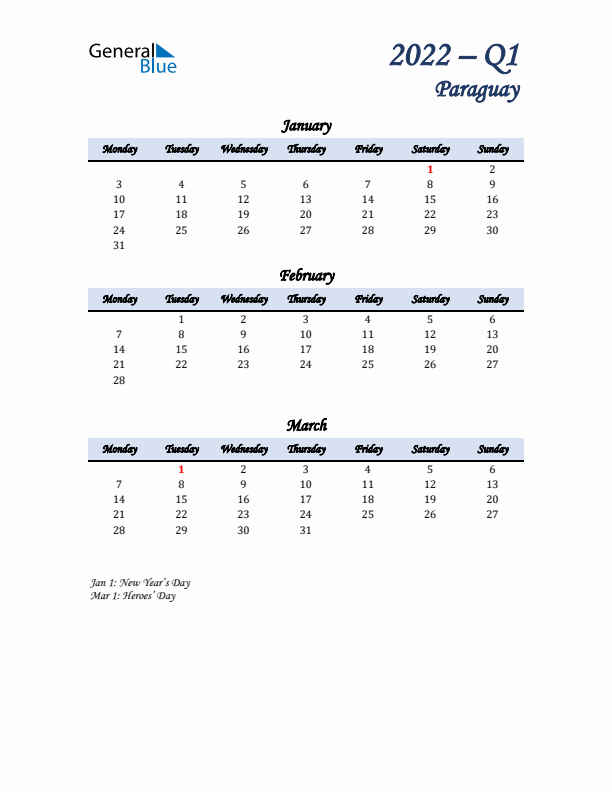 January, February, and March Calendar for Paraguay with Monday Start