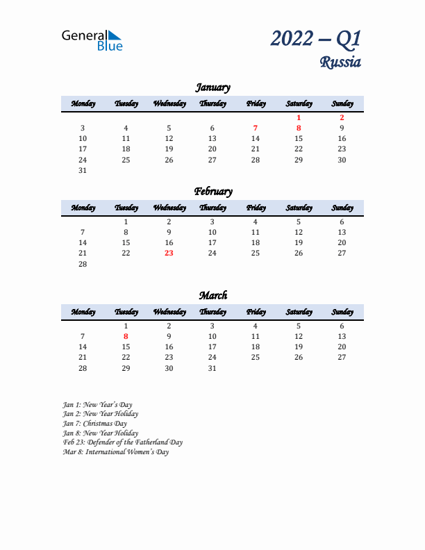 January, February, and March Calendar for Russia with Monday Start