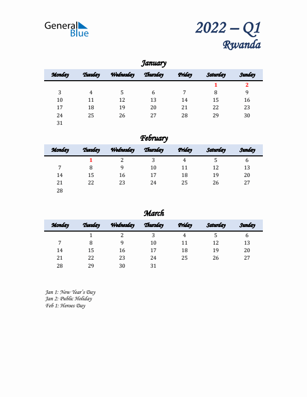 January, February, and March Calendar for Rwanda with Monday Start