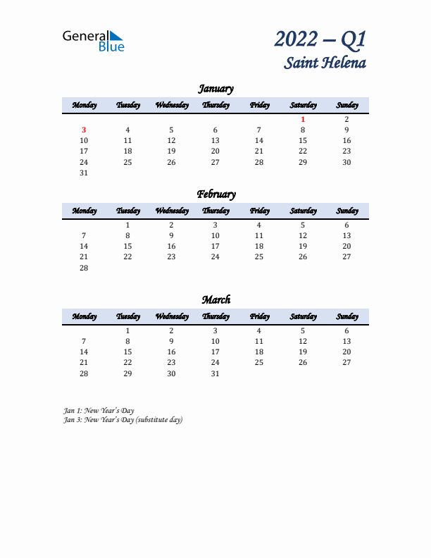 January, February, and March Calendar for Saint Helena with Monday Start