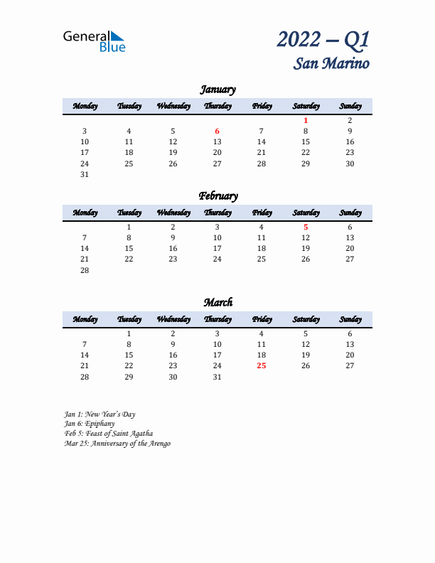 January, February, and March Calendar for San Marino with Monday Start