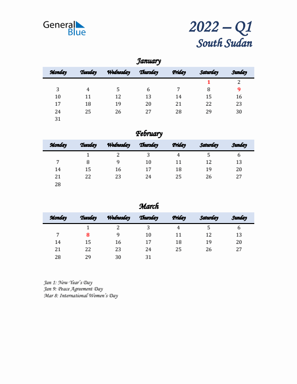 January, February, and March Calendar for South Sudan with Monday Start