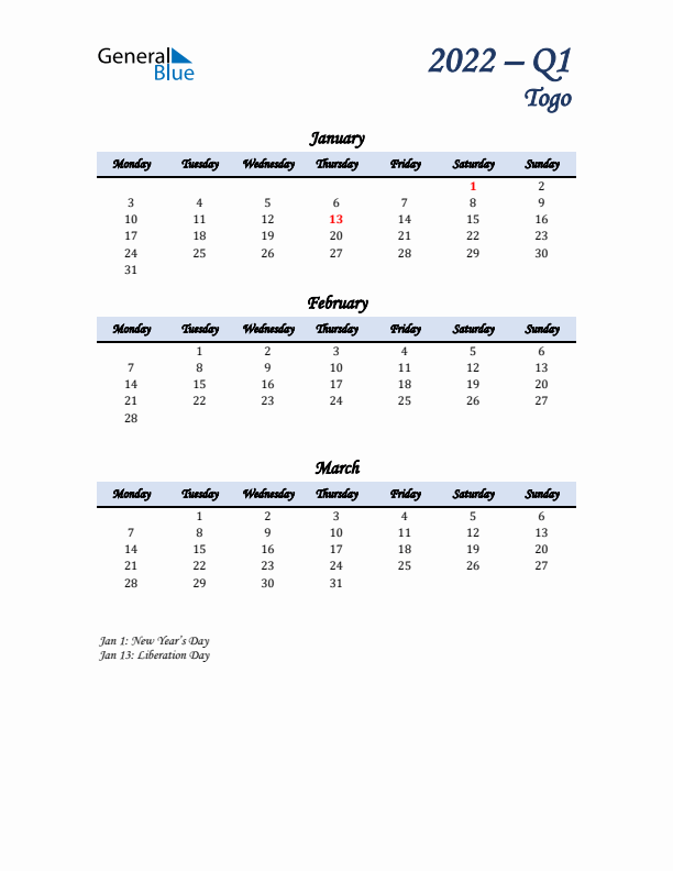 January, February, and March Calendar for Togo with Monday Start