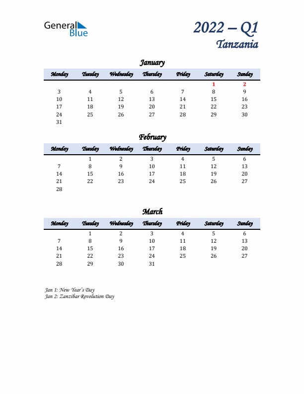 January, February, and March Calendar for Tanzania with Monday Start