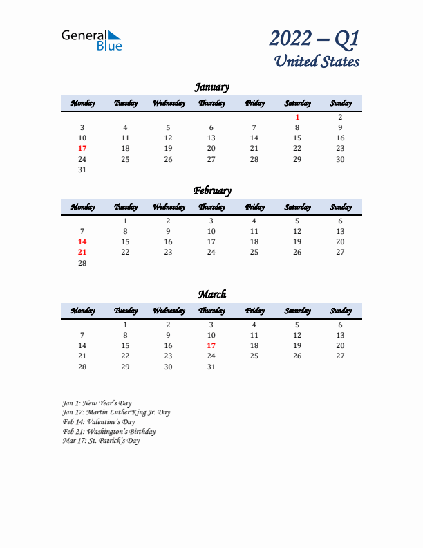 January, February, and March Calendar for United States with Monday Start