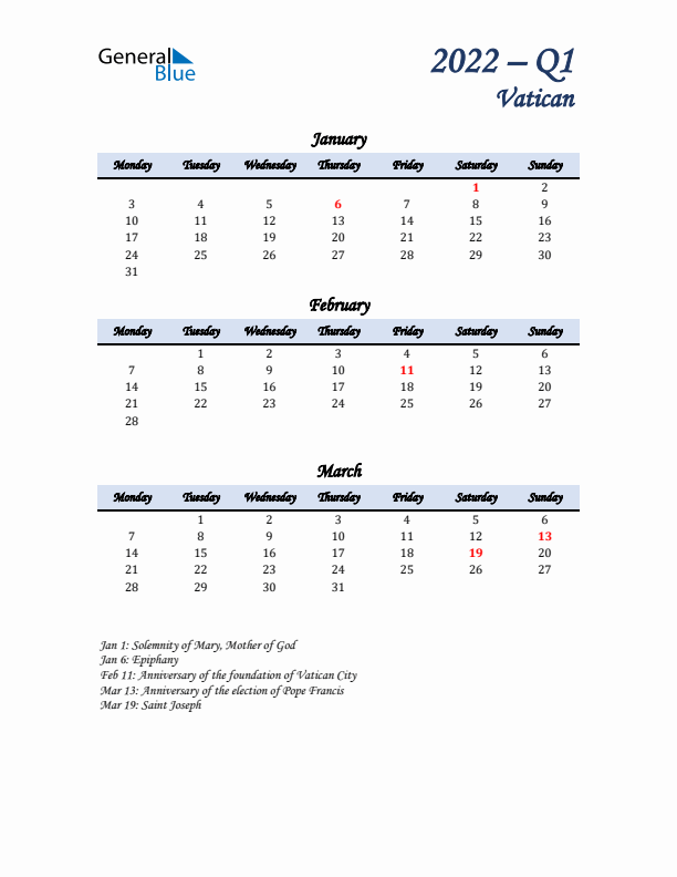 January, February, and March Calendar for Vatican with Monday Start