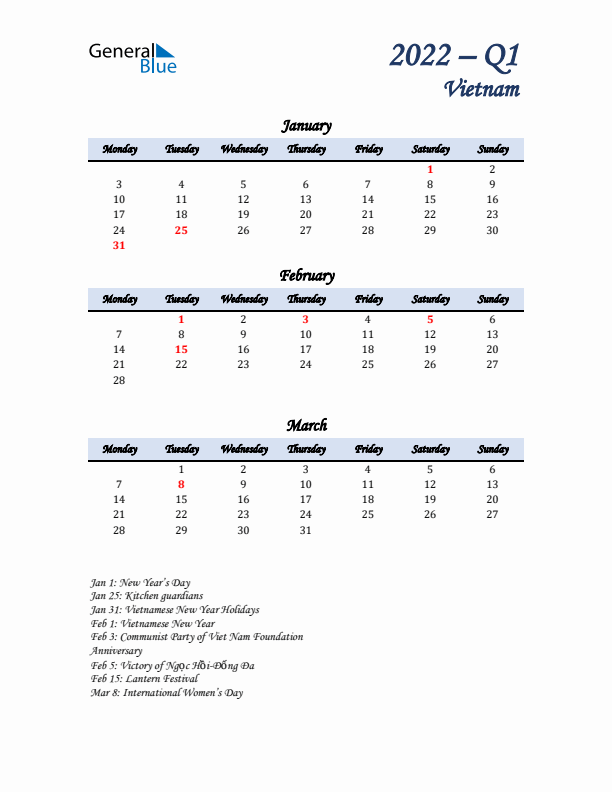 January, February, and March Calendar for Vietnam with Monday Start