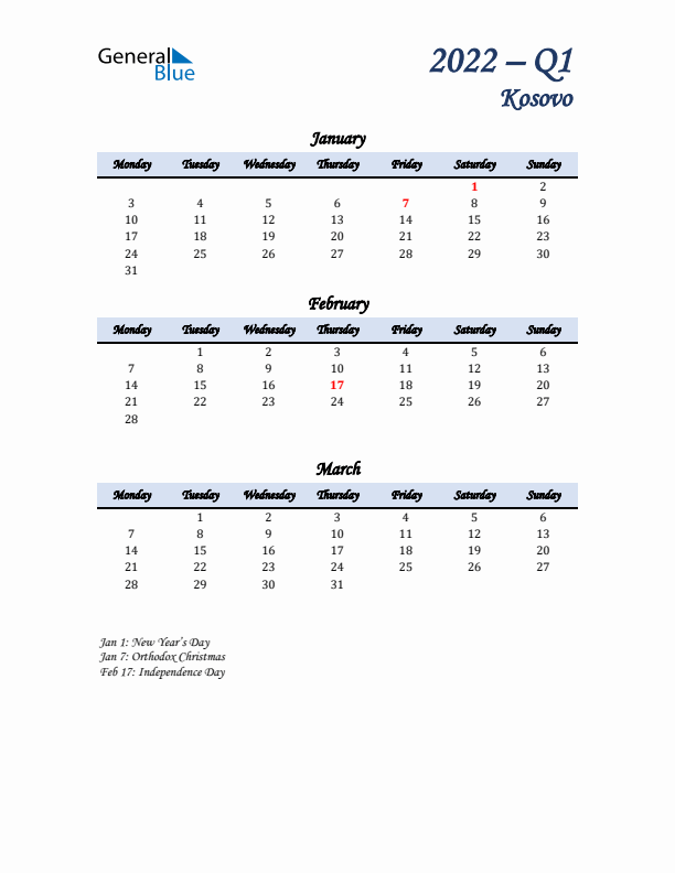 January, February, and March Calendar for Kosovo with Monday Start