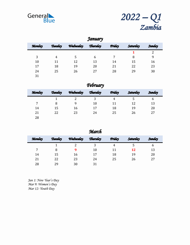 January, February, and March Calendar for Zambia with Monday Start