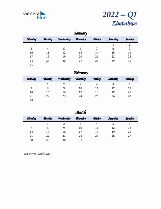 January, February, and March Calendar for Zimbabwe with Monday Start