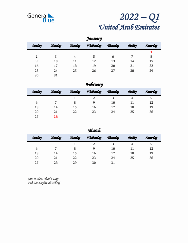 January, February, and March Calendar for United Arab Emirates with Sunday Start