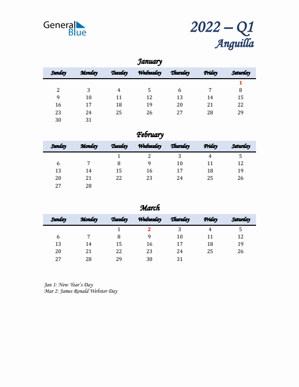 January, February, and March Calendar for Anguilla with Sunday Start