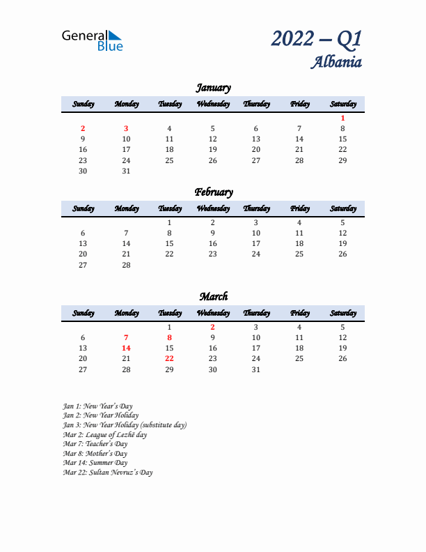 January, February, and March Calendar for Albania with Sunday Start