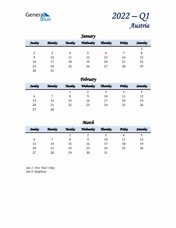 January, February, and March Calendar for Austria with Sunday Start