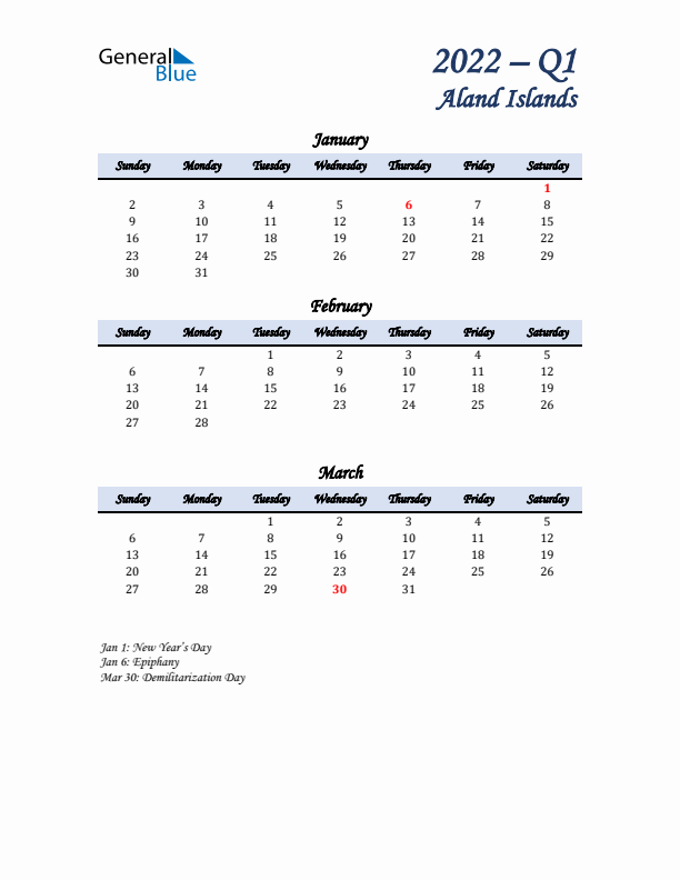 January, February, and March Calendar for Aland Islands with Sunday Start