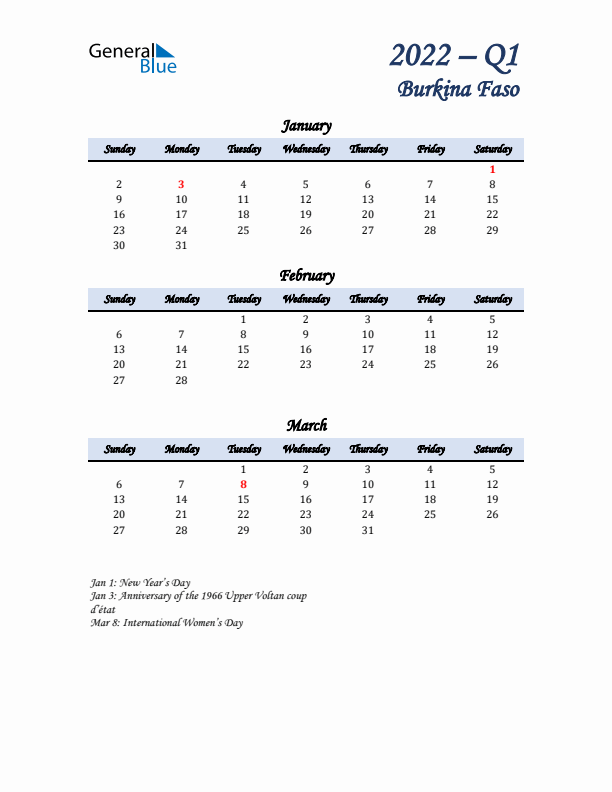 January, February, and March Calendar for Burkina Faso with Sunday Start