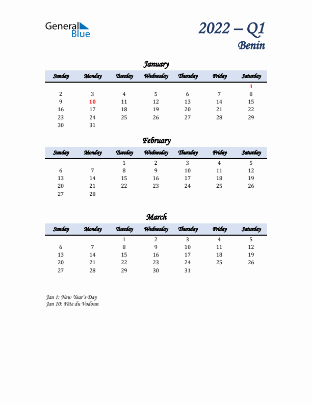 January, February, and March Calendar for Benin with Sunday Start